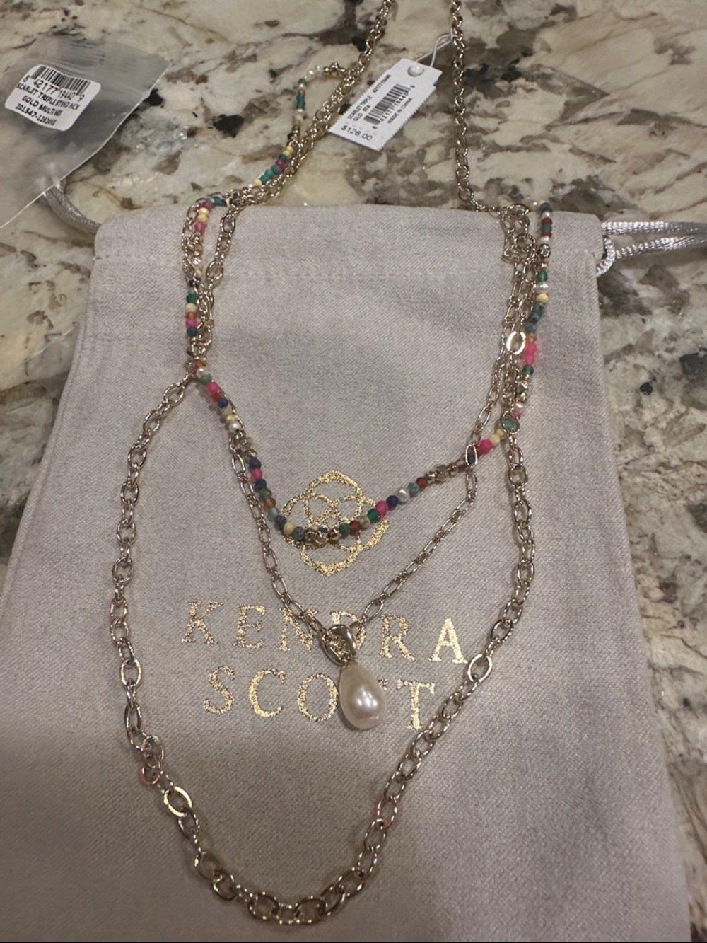 NWT Kendra Scott Gold Multi-Strand Beaded Necklace Pearl Accent in Multi-Color
